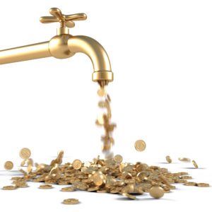 coins falling from gold faucet - save water high efficiency water softener 